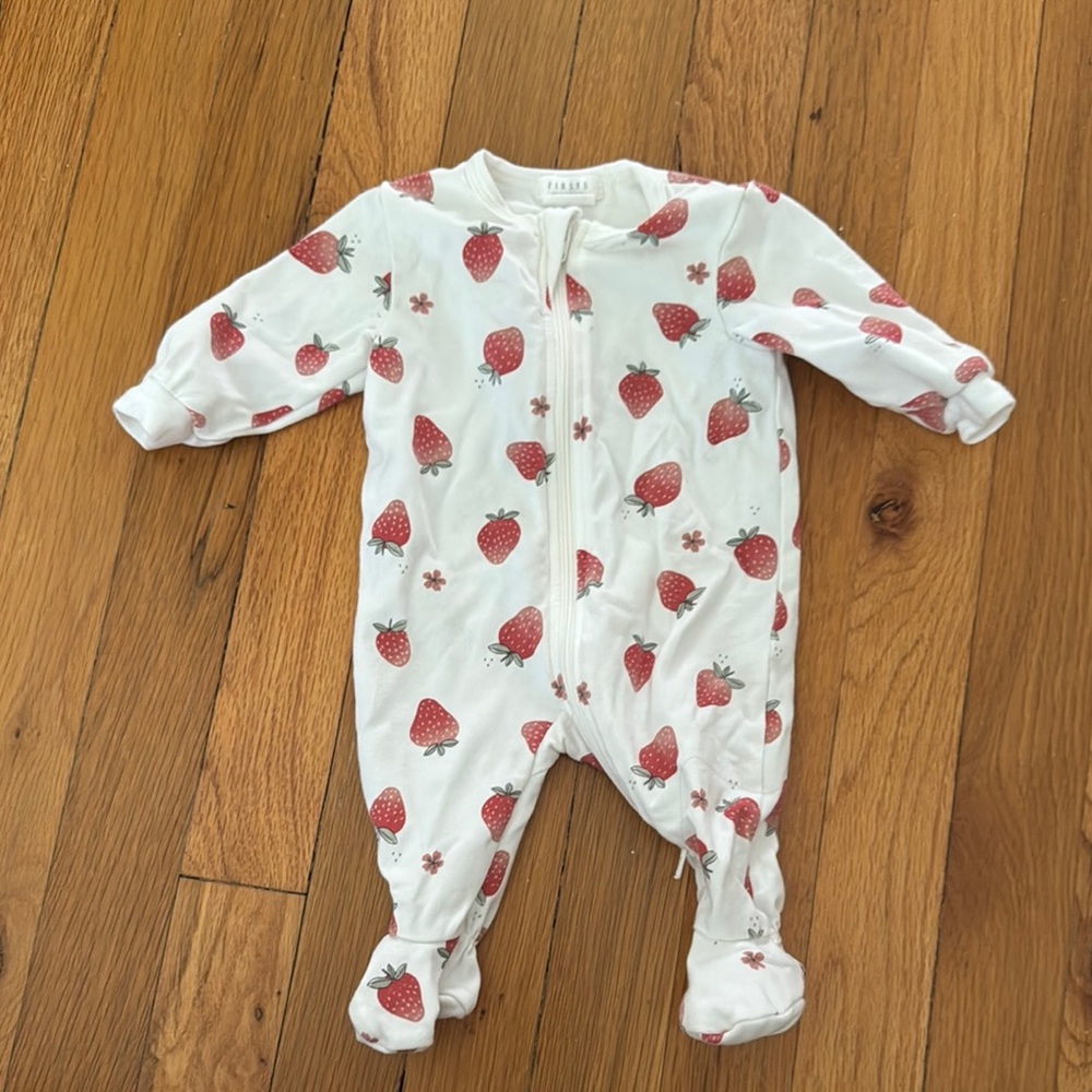 Firsts by Petit Lem White and Red Strawberry Footies One Piece